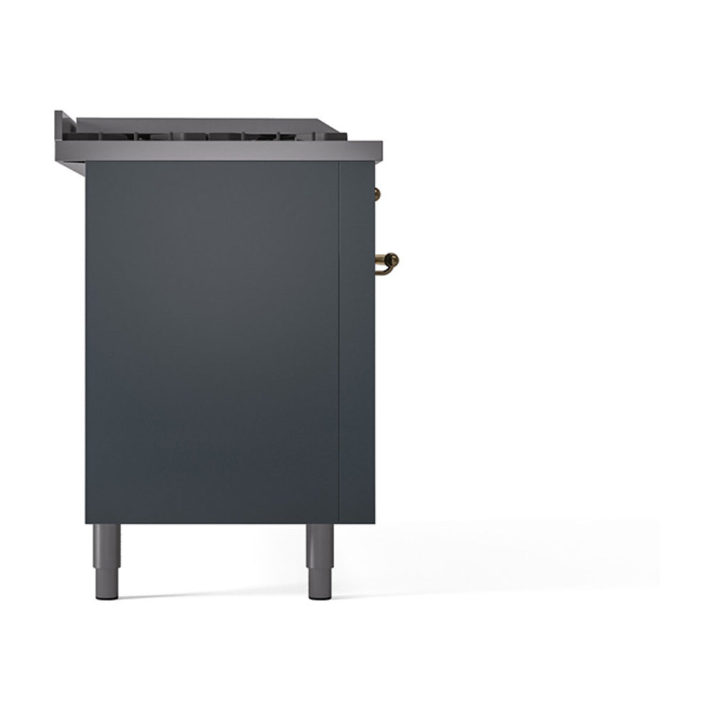 ILVE Nostalgie II 60-Inch Natural Gas Dual Fuel Range with 7 Burners, Griddle, & French Top with Solid Door Oven in Blue Grey with Brass Trim (UP60FSQNMPBGG)