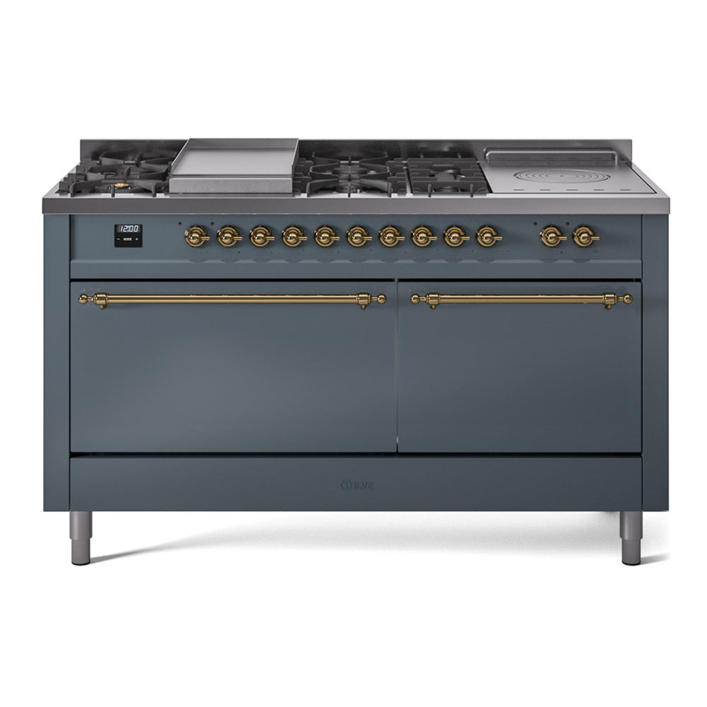 ILVE Nostalgie II 60-Inch Natural Gas Dual Fuel Range with 7 Burners, Griddle, & French Top with Solid Door Oven in Blue Grey with Brass Trim (UP60FSQNMPBGG)