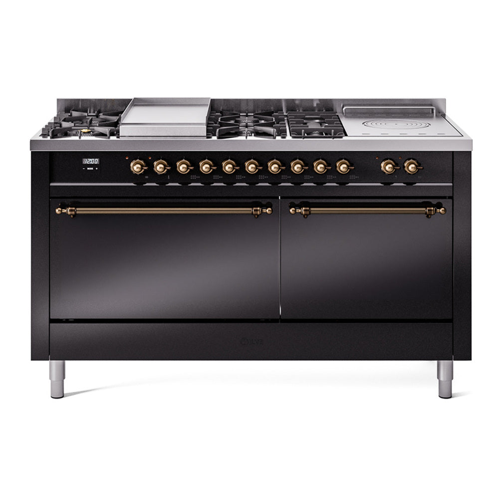 ILVE Nostalgie II 60-Inch Propane Gas Dual Fuel Range with 7 Burners, Griddle, & French Top with Solid Door Oven in Glossy Black with Burnished Bronze Trim (UP60FSQNMPBKBLP)