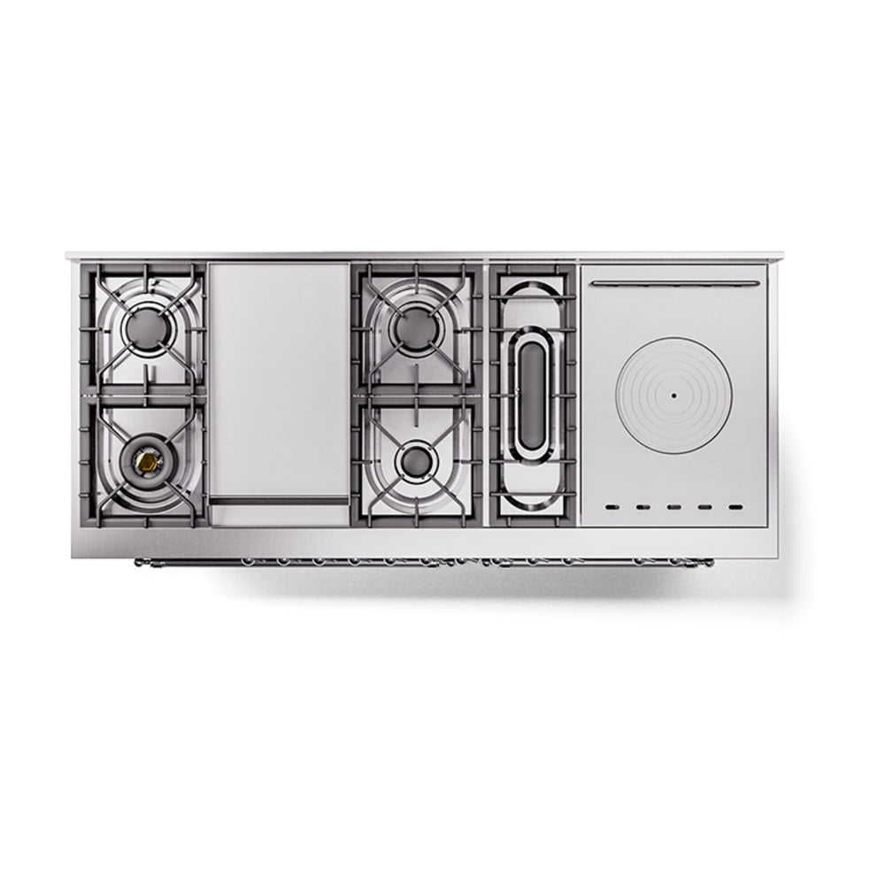 ILVE Nostalgie II 60-Inch Natural Gas Dual Fuel Range with 7 Burners, Griddle, & French Top with Solid Door Oven in Glossy Black with Chrome Trim (UP60FSQNMPBKC)