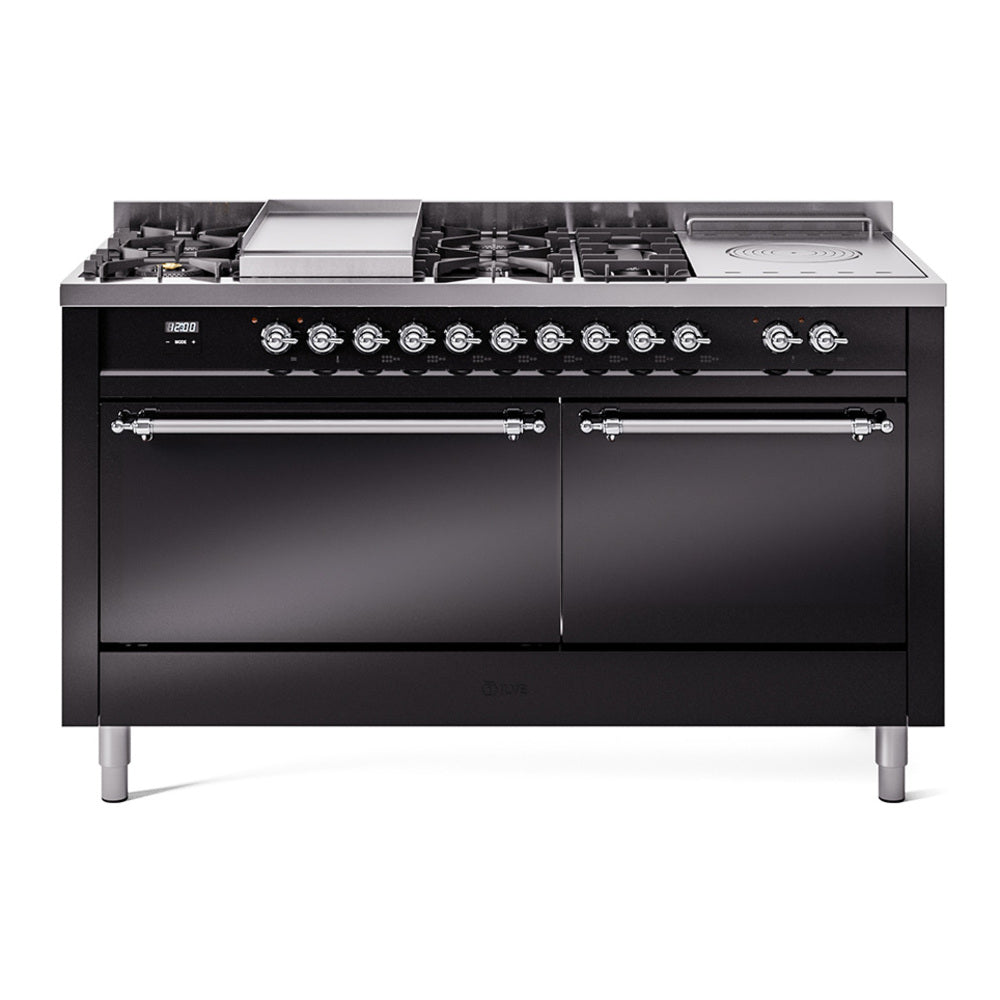 ILVE Nostalgie II 60-Inch Natural Gas Dual Fuel Range with 7 Burners, Griddle, & French Top with Solid Door Oven in Glossy Black with Chrome Trim (UP60FSQNMPBKC)
