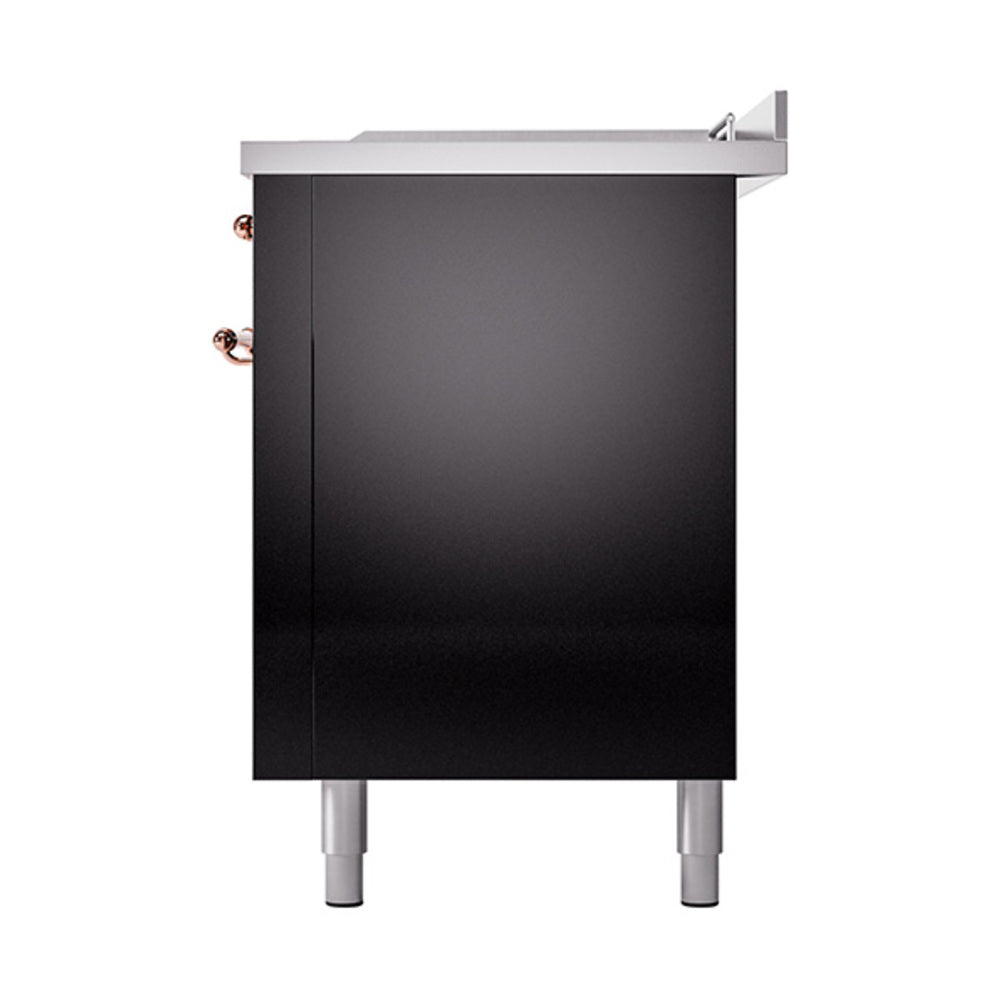 ILVE Nostalgie II 60-Inch Natural Gas Dual Fuel Range with 7 Burners, Griddle, & French Top with Solid Door Oven in Glossy Black with Copper Trim (UP60FSQNMPBKP)