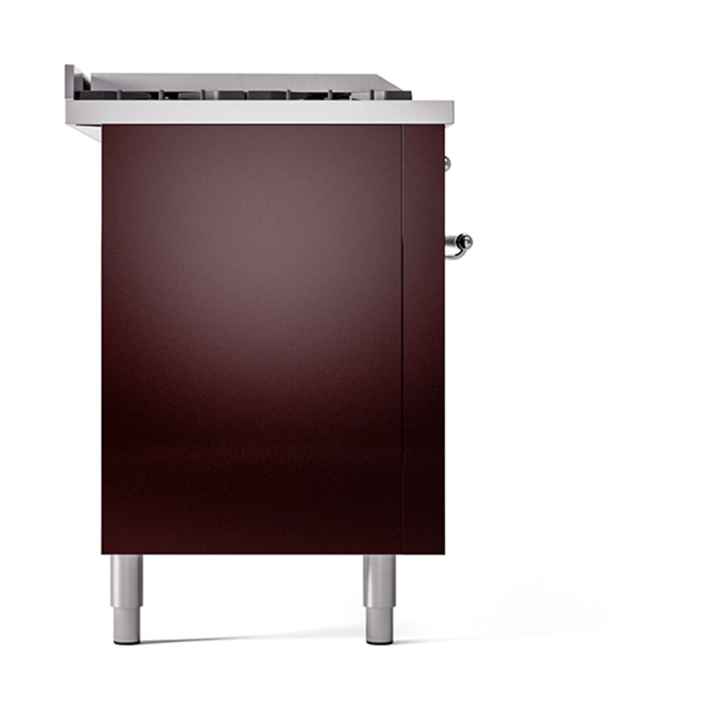ILVE Nostalgie II 60-Inch Natural Gas Dual Fuel Range with 7 Burners, Griddle, & French Top with Solid Door Oven in Burgundy with Chrome Trim (UP60FSQNMPBUC)