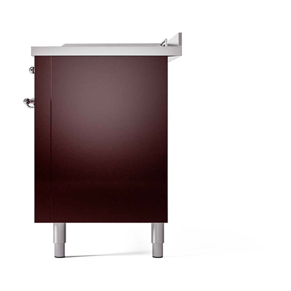 ILVE Nostalgie II 60-Inch Natural Gas Dual Fuel Range with 7 Burners, Griddle, & French Top with Solid Door Oven in Burgundy with Chrome Trim (UP60FSQNMPBUC)