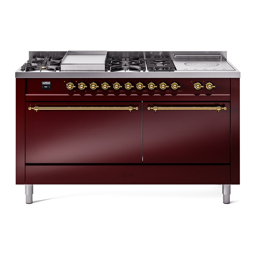 ILVE Nostalgie II 60-Inch Propane Dual Fuel Range, 7 Burners, Griddle, French Top, Solid Door, Burgundy with Brass Trim (UP60FSQNMPBUGLP)