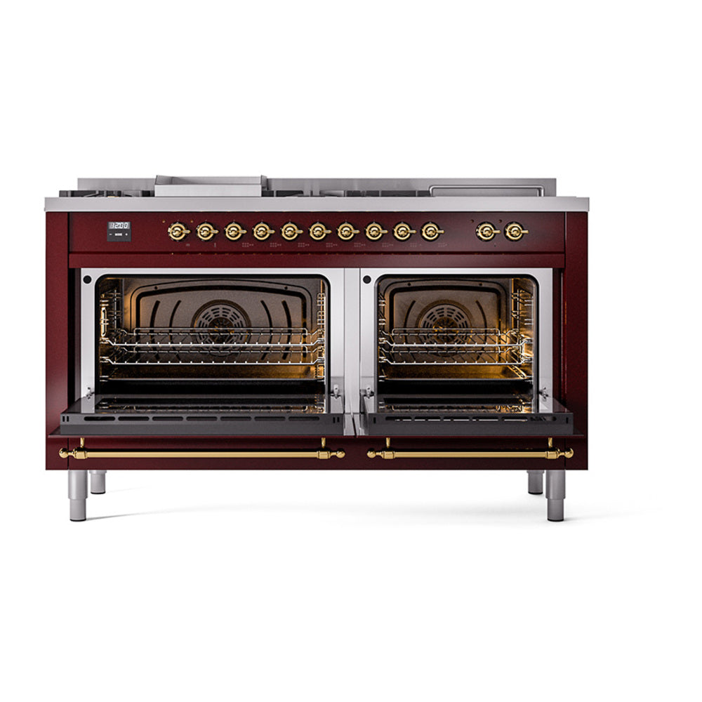 ILVE Nostalgie II 60-Inch Propane Dual Fuel Range, 7 Burners, Griddle, French Top, Solid Door, Burgundy with Brass Trim (UP60FSQNMPBUGLP)