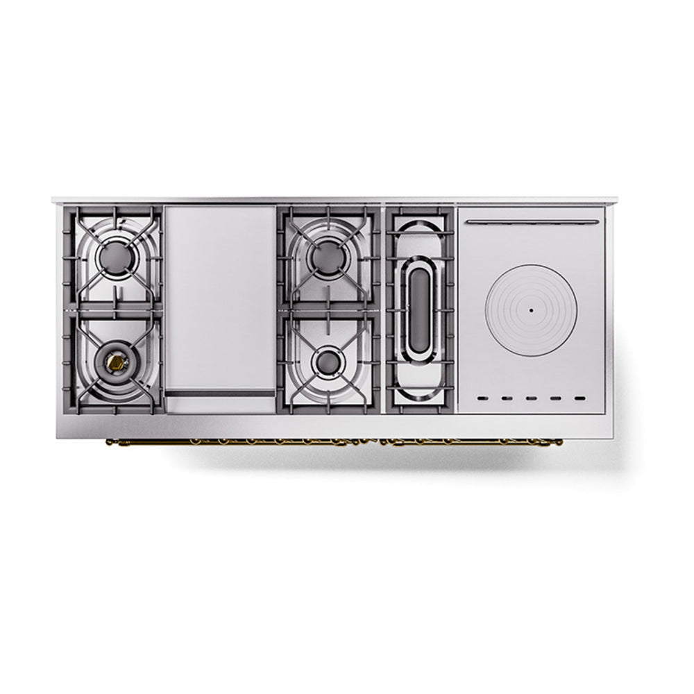 ILVE Nostalgie II 60-Inch Natural Gas Dual Fuel Range with 7 Burners, Griddle, & French Top with Solid Door Oven in Burgundy with Brass Trim (UP60FSQNMPBUG)