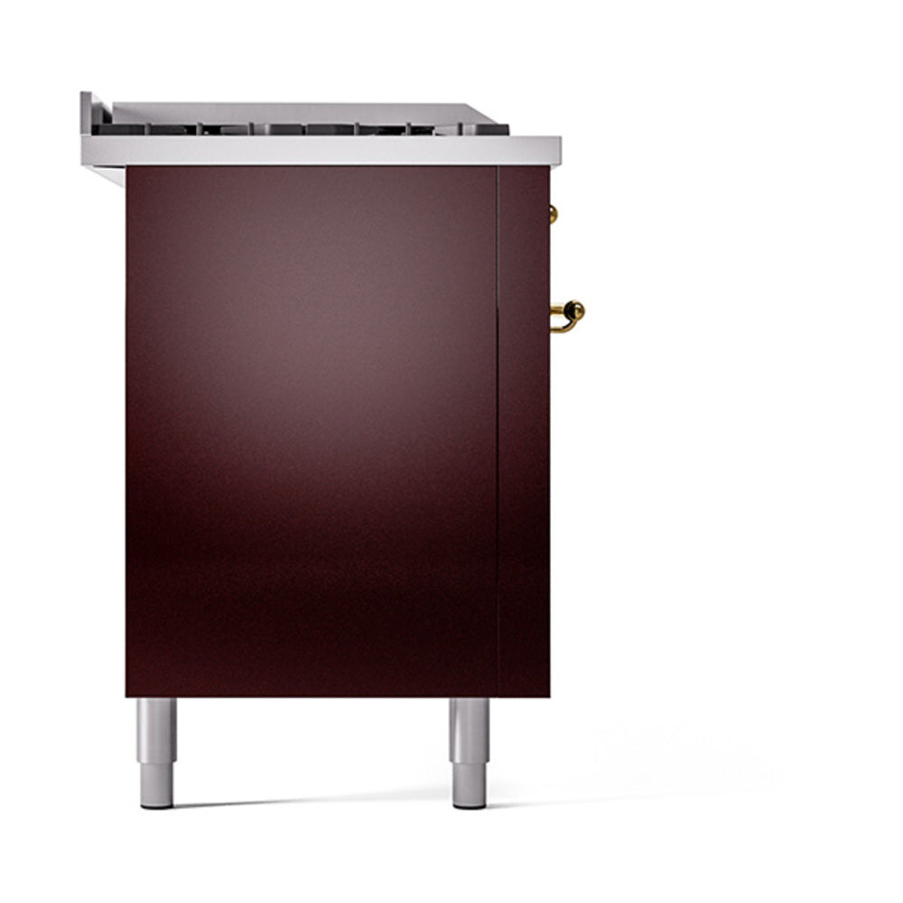 ILVE Nostalgie II 60-Inch Natural Gas Dual Fuel Range with 7 Burners, Griddle, & French Top with Solid Door Oven in Burgundy with Brass Trim (UP60FSQNMPBUG)