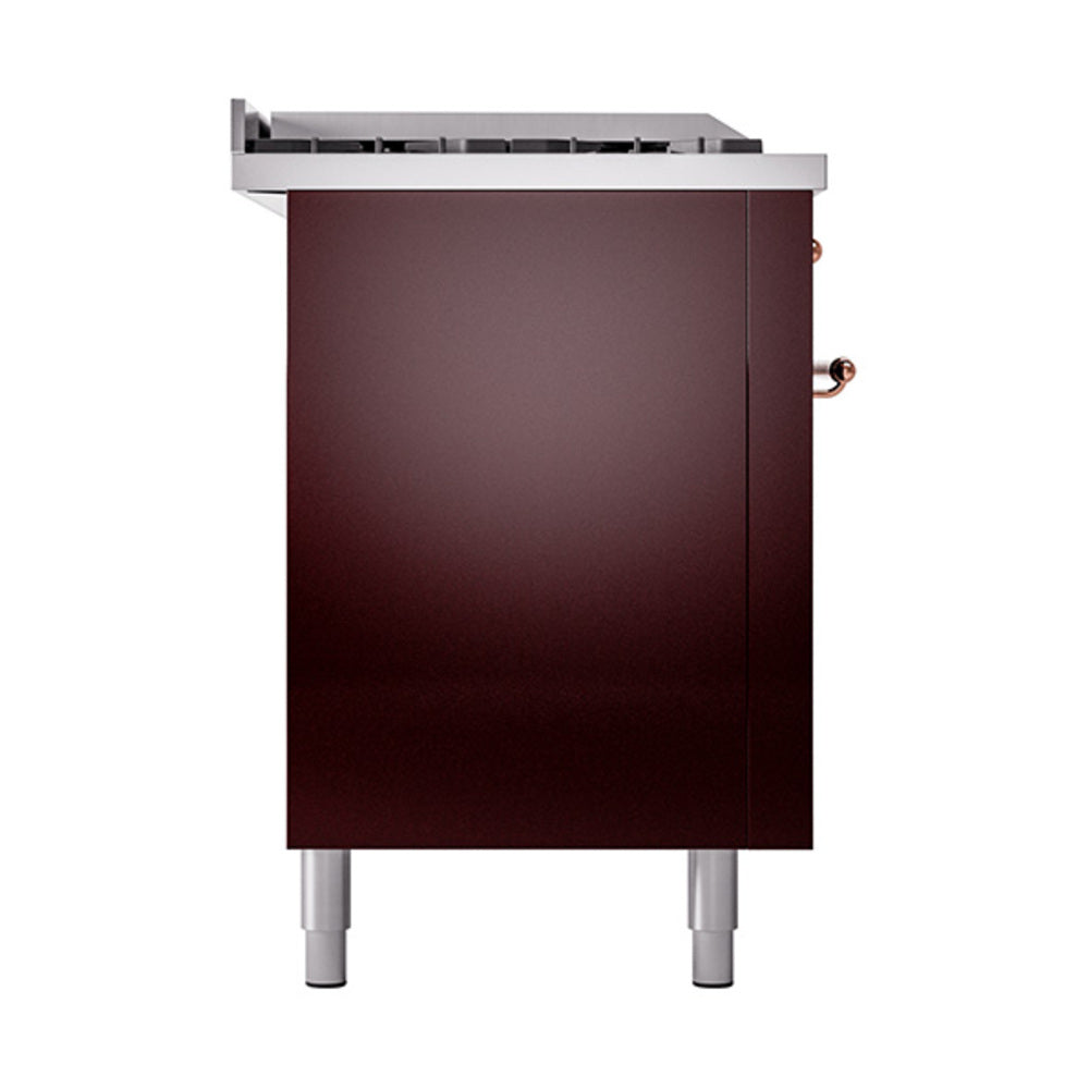 ILVE Nostalgie II 60-Inch Natural Gas Dual Fuel Range with 7 Burners, Griddle, & French Top with Solid Door Oven in Burgundy with Copper Trim (UP60FSQNMPBUP)