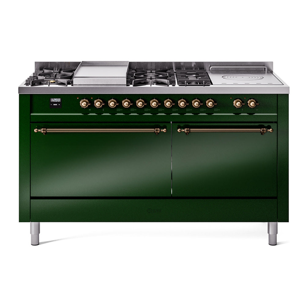 ILVE Nostalgie II 60-Inch LP Dual Fuel Range, 7 Burners, Griddle, French Top, Solid Door, Emerald Green with Burnished Bronze Trim (UP60FSQNMPEGBLP)