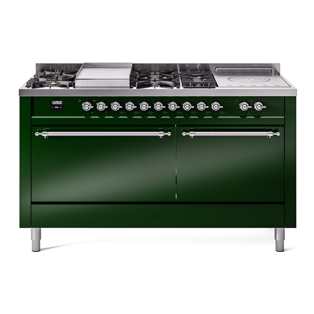 ILVE Nostalgie II 60-Inch Natural Gas Dual Fuel Range with 7 Burners, Griddle, & French Top with Solid Door Oven in Emerald Green with Chrome Trim (UP60FSQNMPEGC)