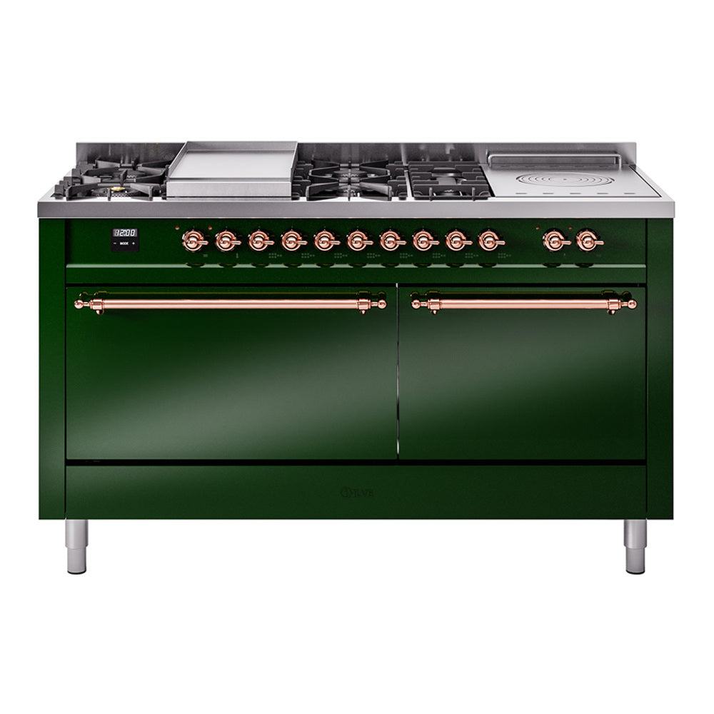 ILVE Nostalgie II 60-Inch Natural Gas Dual Fuel Range, 7 Burners, Griddle, French Top, Solid Door, Emerald Green with Copper Trim (UP60FSQNMPEGP)