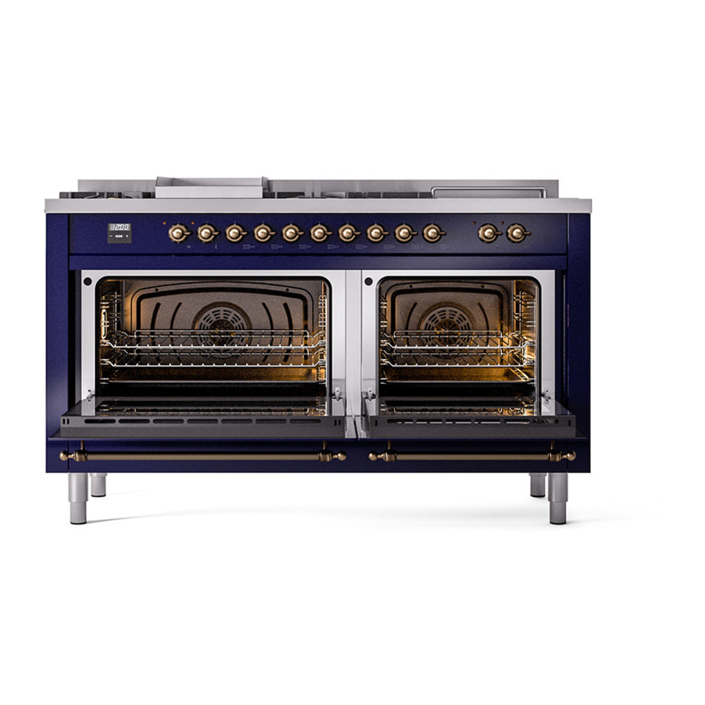 ILVE Nostalgie II 60-Inch Natural Gas Dual Fuel Range with 7 Burners, Griddle, & French Top with Solid Door Oven in Midnight Blue with Burnished Bronze Trim (UP60FSQNMPMBB)