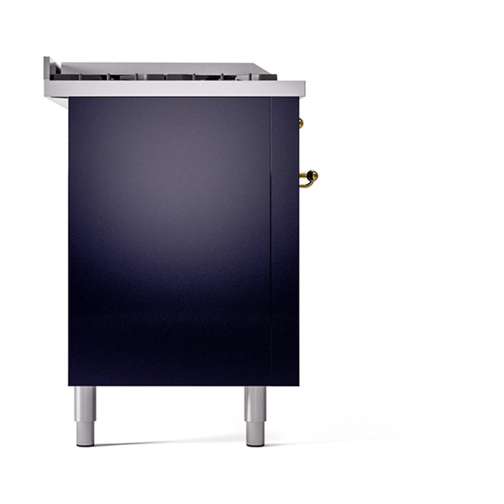 ILVE Nostalgie II 60-Inch Natural Gas Dual Fuel Range with 7 Burners, Griddle, & French Top with Solid Door Oven in Midnight Blue with Brass Trim (UP60FSQNMPMBG)