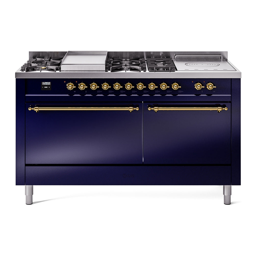 ILVE Nostalgie II 60-Inch Natural Gas Dual Fuel Range with 7 Burners, Griddle, & French Top with Solid Door Oven in Midnight Blue with Brass Trim (UP60FSQNMPMBG)