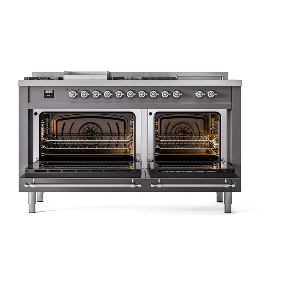 ILVE Nostalgie II 60-Inch Propane Dual Fuel Range, 7 Burners, Griddle, French Top, Solid Door, Matte Graphite with Chrome Trim (UP60FSQNMPMGCLP)