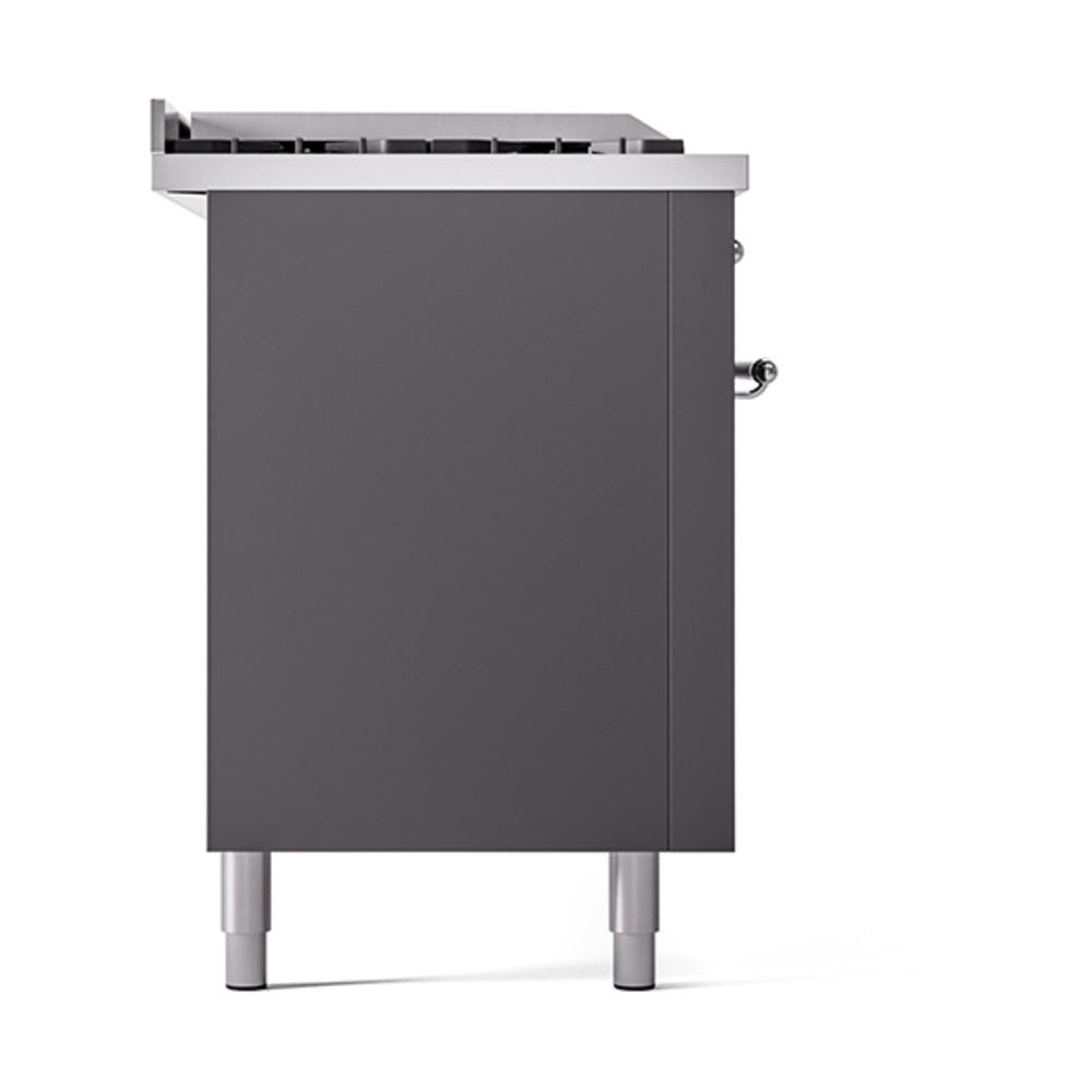 ILVE Nostalgie II 60-Inch Natural Gas Dual Fuel Range with 7 Burners, Griddle, & French Top with Solid Door Oven in Matte Graphite with Chrome Trim (UP60FSQNMPMGC)