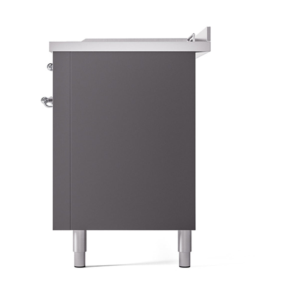ILVE Nostalgie II 60-Inch Natural Gas Dual Fuel Range with 7 Burners, Griddle, & French Top with Solid Door Oven in Matte Graphite with Chrome Trim (UP60FSQNMPMGC)