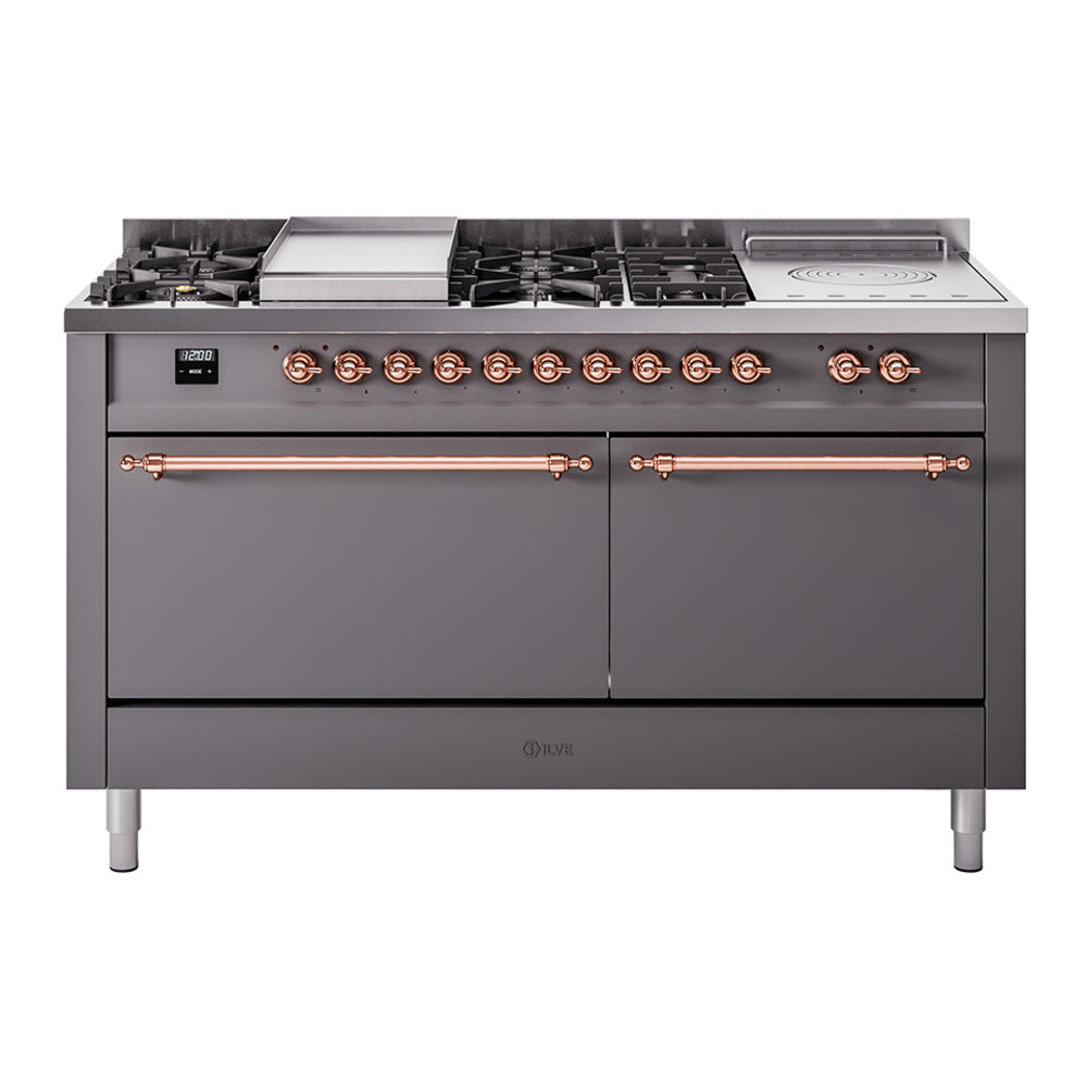 ILVE Nostalgie II 60-Inch Propane Dual Fuel Range, 7 Burners, Griddle, French Top, Solid Door, Matte Graphite with Copper Trim (UP60FSQNMPMGPLP)