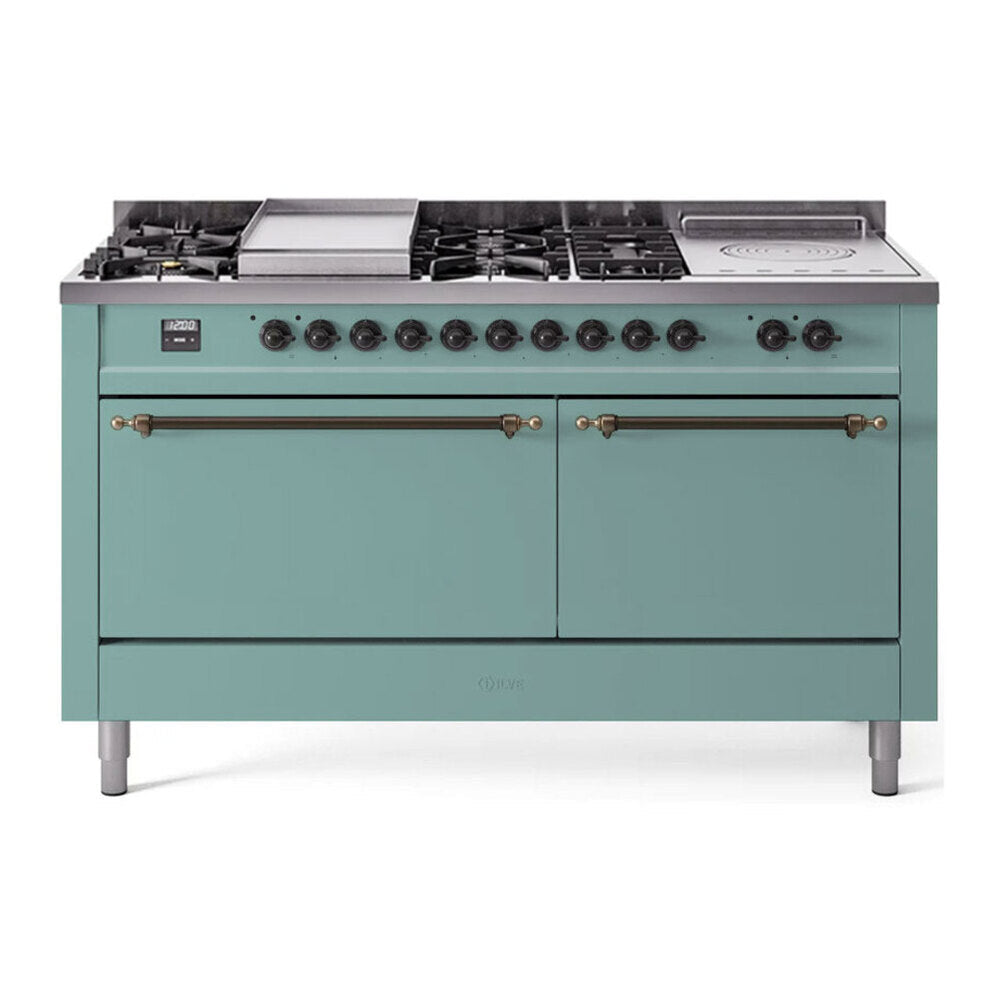ILVE Nostalgie II 60-Inch Propane Gas Dual Fuel Range with 7 Burners, Griddle, & French Top with Solid Door Oven in Mediterranean Mint with Burnished Bronze Trim (UP60FSQNMPMMBLP)