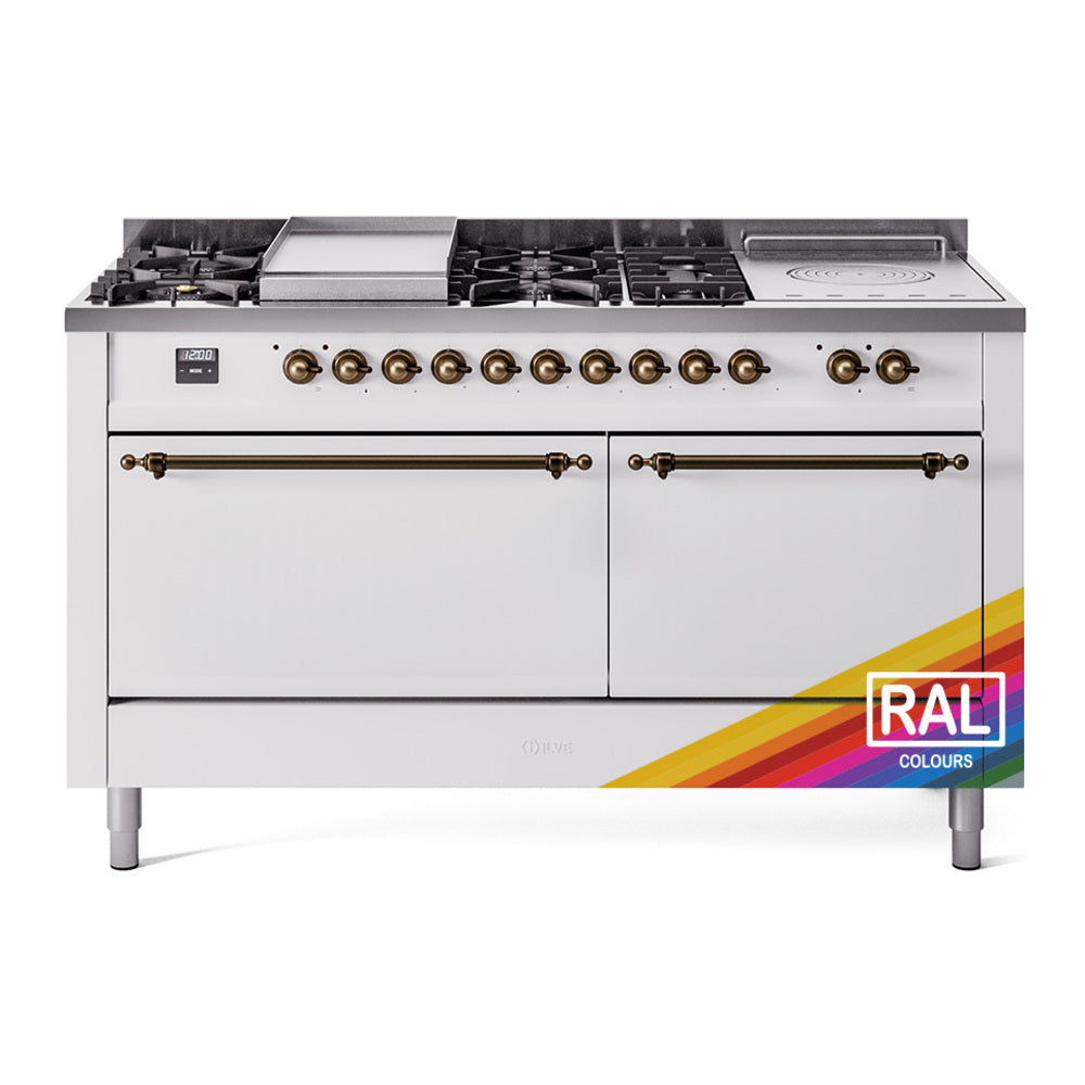 ILVE Nostalgie II 60-Inch Propane Dual Fuel Range, 7 Burners, Griddle, French Top, Solid Door, Custom RAL with Burnished Bronze Trim (UP60FSQNMPRABLP)