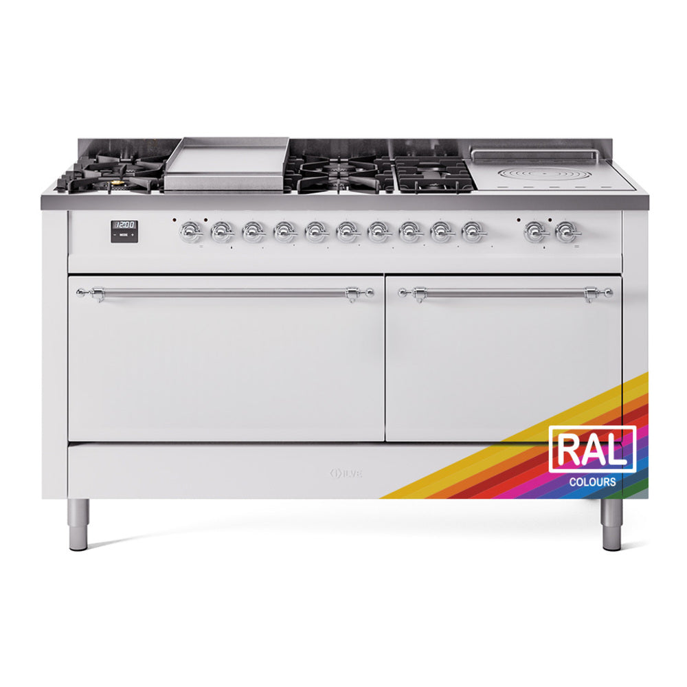 ILVE Nostalgie II 60-Inch Natural Gas Dual Fuel Range, 7 Burners, Griddle, French Top, Solid Door, Custom RAL with Chrome Trim (UP60FSQNMPRAC)
