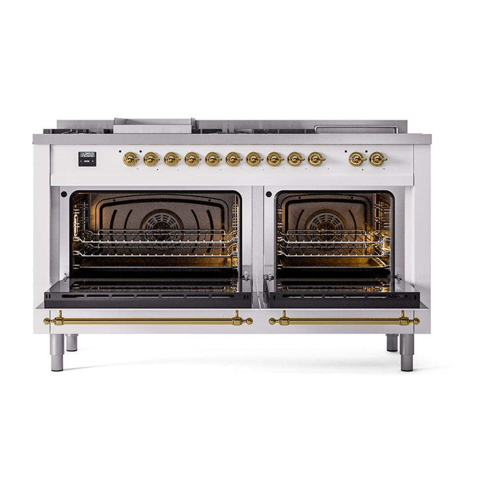 ILVE Nostalgie II 60-Inch Natural Gas Dual Fuel Range with 7 Burners, Griddle, & French Top with Solid Door Oven in RAL with Brass Trim (UP60FSQNMPRAG)
