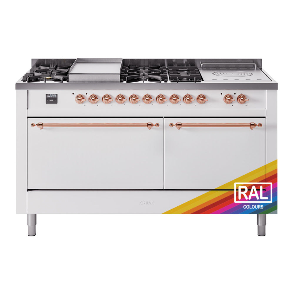 ILVE Nostalgie II 60-Inch Propane Dual Fuel Range, 7 Burners, Griddle, French Top, Solid Door, Custom RAL with Copper Trim (UP60FSQNMPRAPLP)