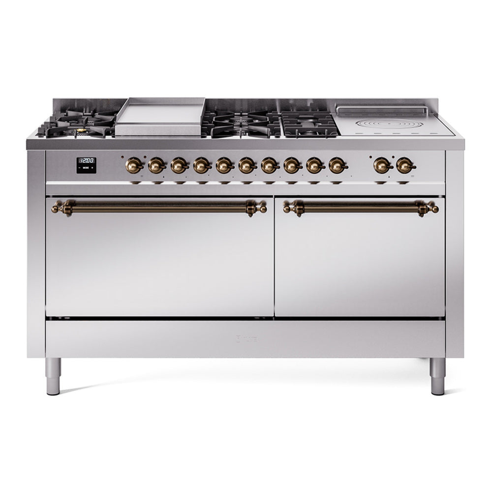 ILVE Nostalgie II 60-Inch Propane Dual Fuel Range, 7 Burners, Griddle, French Top, Stainless Steel with Burnished Bronze Trim (UP60FSQNMPSSBLP)