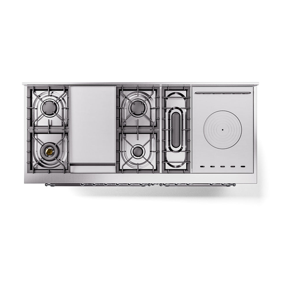 ILVE Nostalgie II 60-Inch Natural Gas Dual Fuel Range with 7 Burners, Griddle, & French Top with Solid Door Oven in Stainless Steel with Chrome Trim (UP60FSQNMPSSC)
