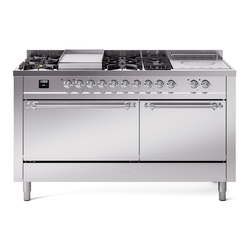 ILVE Nostalgie II 60-Inch Natural Gas Dual Fuel Range with 7 Burners, Griddle, & French Top with Solid Door Oven in Stainless Steel with Chrome Trim (UP60FSQNMPSSC)