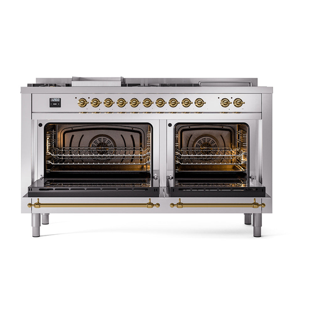 ILVE Nostalgie II 60-Inch Natural Gas Dual Fuel Range with 7 Burners, Griddle, & French Top with Solid Door Oven in Stainless Steel with Brass Trim (UP60FSQNMPSSG)