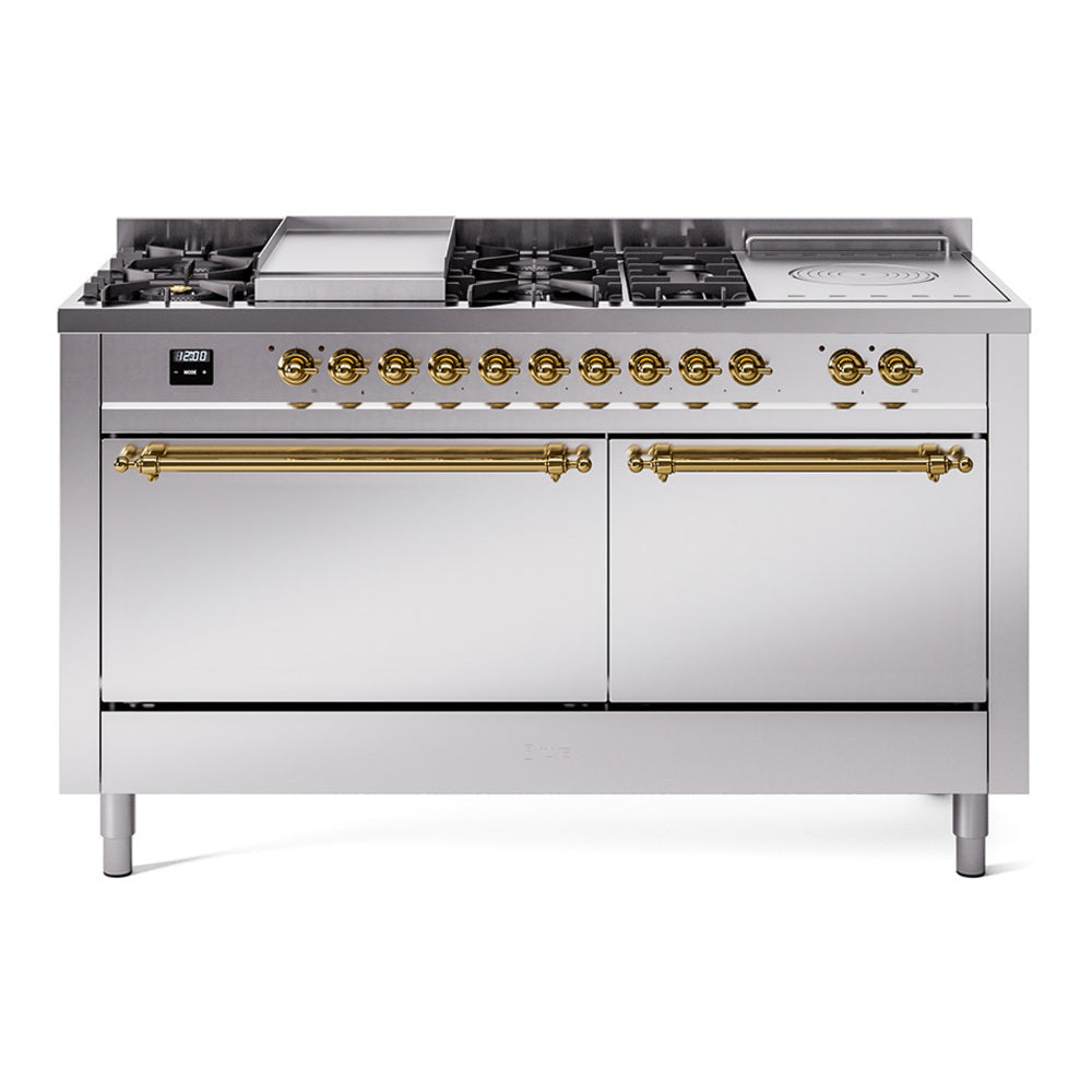 ILVE Nostalgie II 60-Inch Natural Gas Dual Fuel Range with 7 Burners, Griddle, & French Top with Solid Door Oven in Stainless Steel with Brass Trim (UP60FSQNMPSSG)
