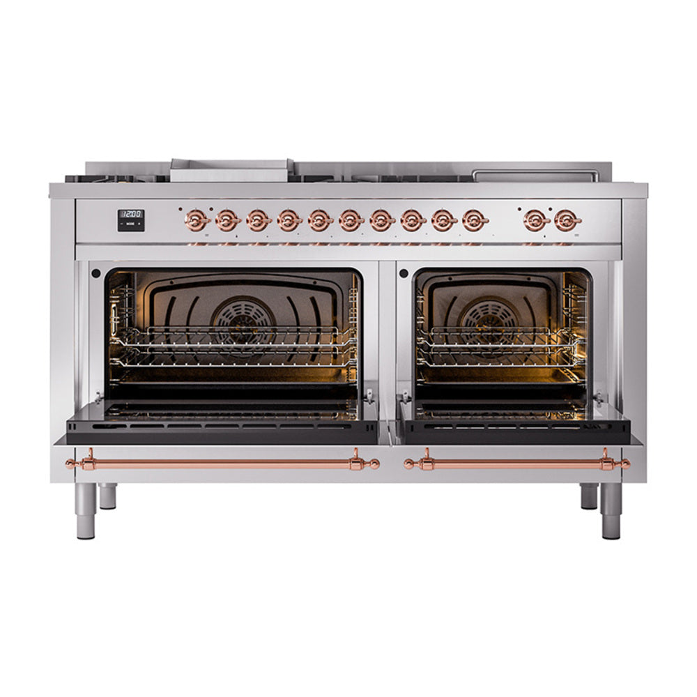 ILVE Nostalgie II 60-Inch Natural Gas Dual Fuel Range with 7 Burners, Griddle, & French Top with Solid Door Oven in Stainless Steel with Copper Trim (UP60FSQNMPSSP)