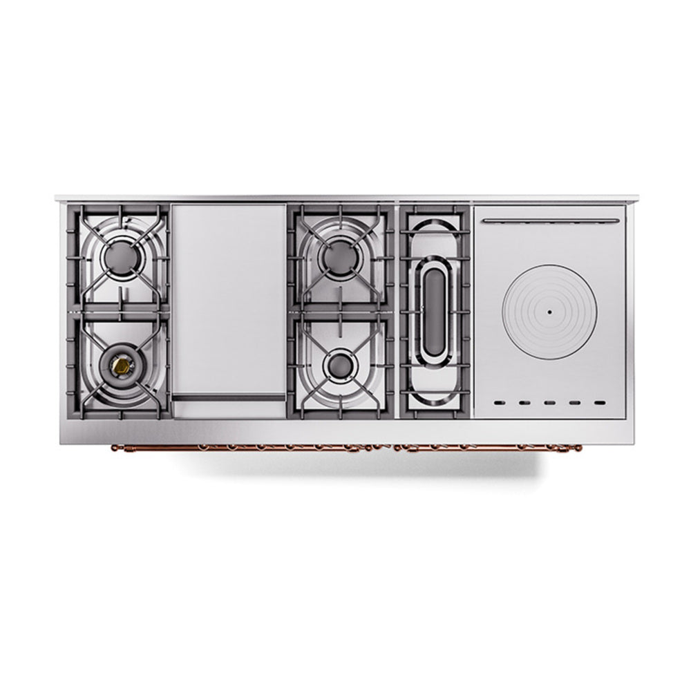 ILVE Nostalgie II 60-Inch Natural Gas Dual Fuel Range with 7 Burners, Griddle, & French Top with Solid Door Oven in Stainless Steel with Copper Trim (UP60FSQNMPSSP)