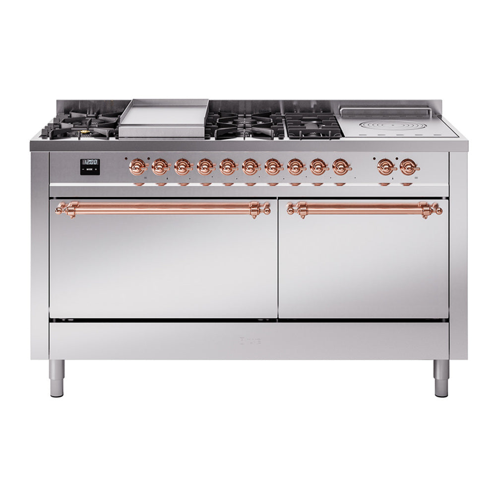 ILVE Nostalgie II 60-Inch Natural Gas Dual Fuel Range with 7 Burners, Griddle, & French Top with Solid Door Oven in Stainless Steel with Copper Trim (UP60FSQNMPSSP)
