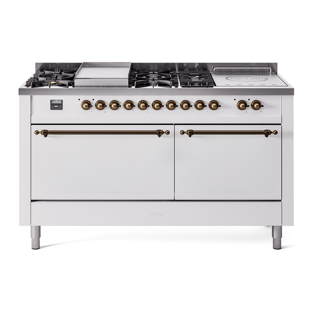 ILVE Nostalgie II 60-Inch Natural Gas Dual Fuel Range with 7 Burners, Griddle, & French Top with Solid Door Oven in White with Burnished Bronze Trim (UP60FSQNMPWHB)