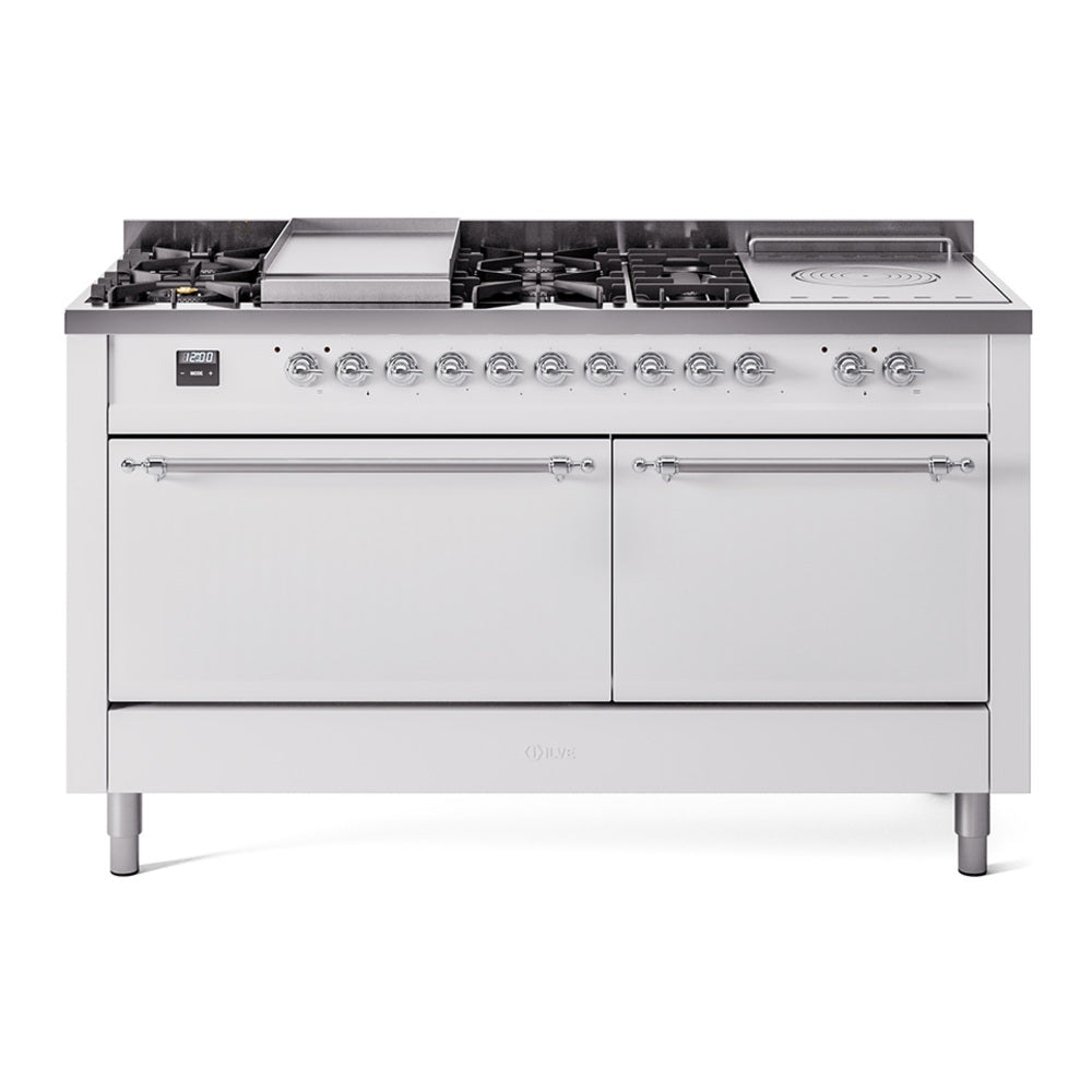 ILVE Nostalgie II 60-Inch Propane Dual Fuel Range, 7 Burners, Griddle, French Top, Solid Door, White with Chrome Trim (UP60FSQNMPWHCLP)