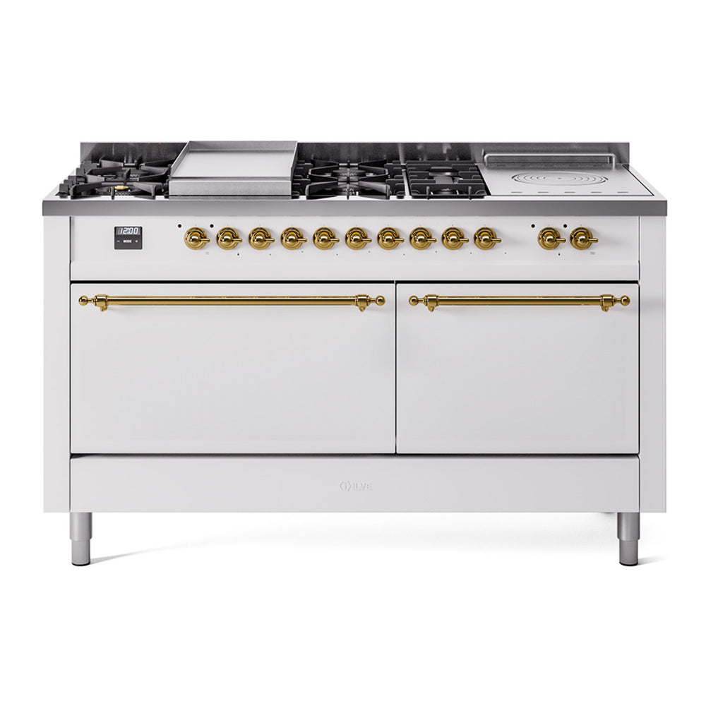ILVE Nostalgie II 60-Inch Propane Dual Fuel Range, 7 Burners, Griddle, French Top, Solid Door, White with Brass Trim (UP60FSQNMPWHGLP)