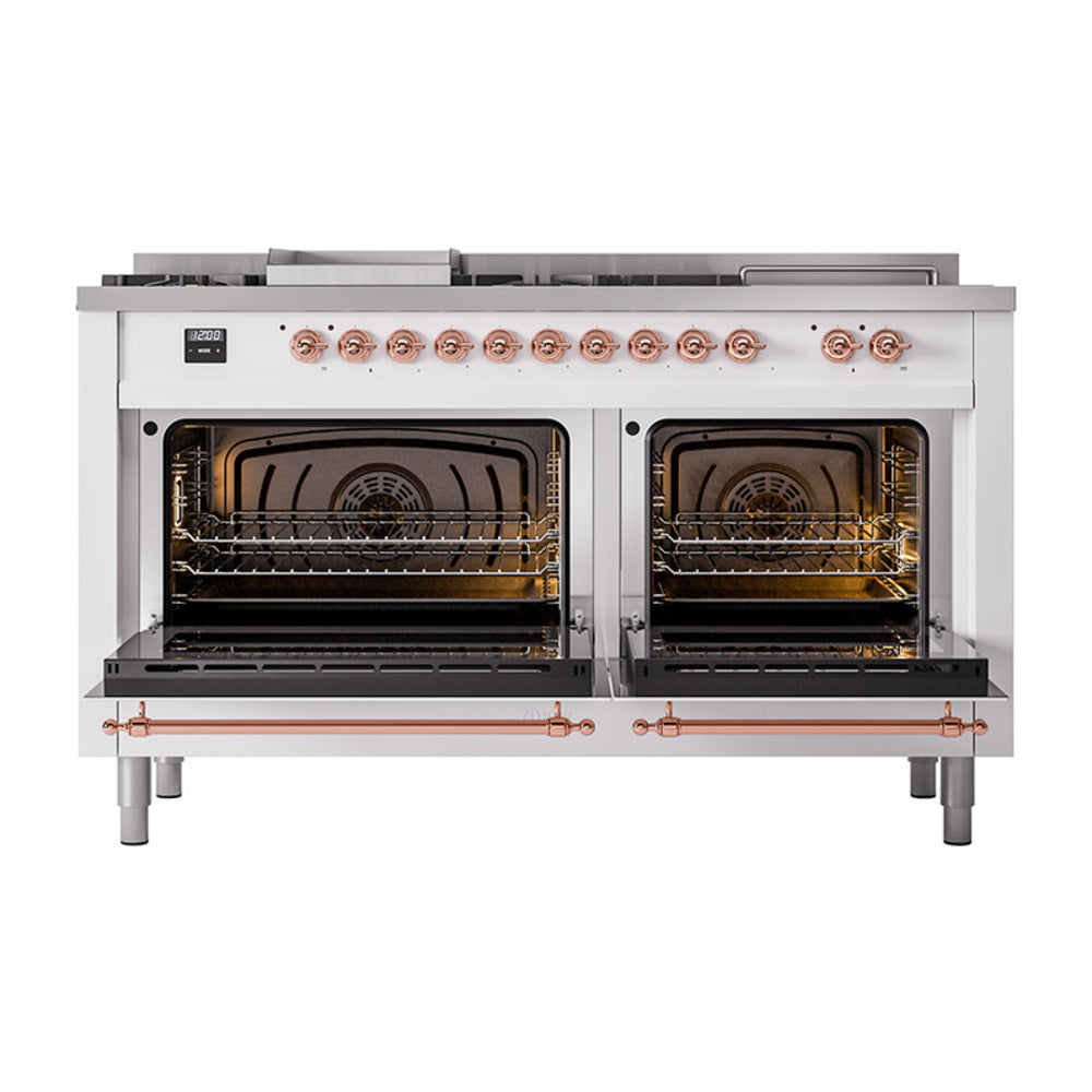 ILVE Nostalgie II 60-Inch Propane Gas Dual Fuel Range with 7 Burners, Griddle, & French Top with Solid Door Oven in White with Copper Trim (UP60FSQNMPWHPLP)