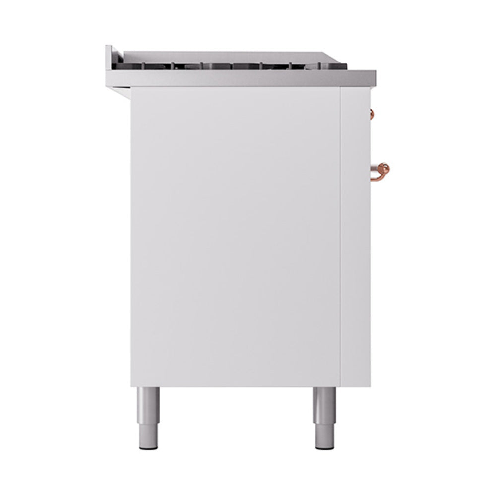 ILVE Nostalgie II 60-Inch Natural Gas Dual Fuel Range with 7 Burners, Griddle, & French Top with Solid Door Oven in White with Copper Trim (UP60FSQNMPWHP)