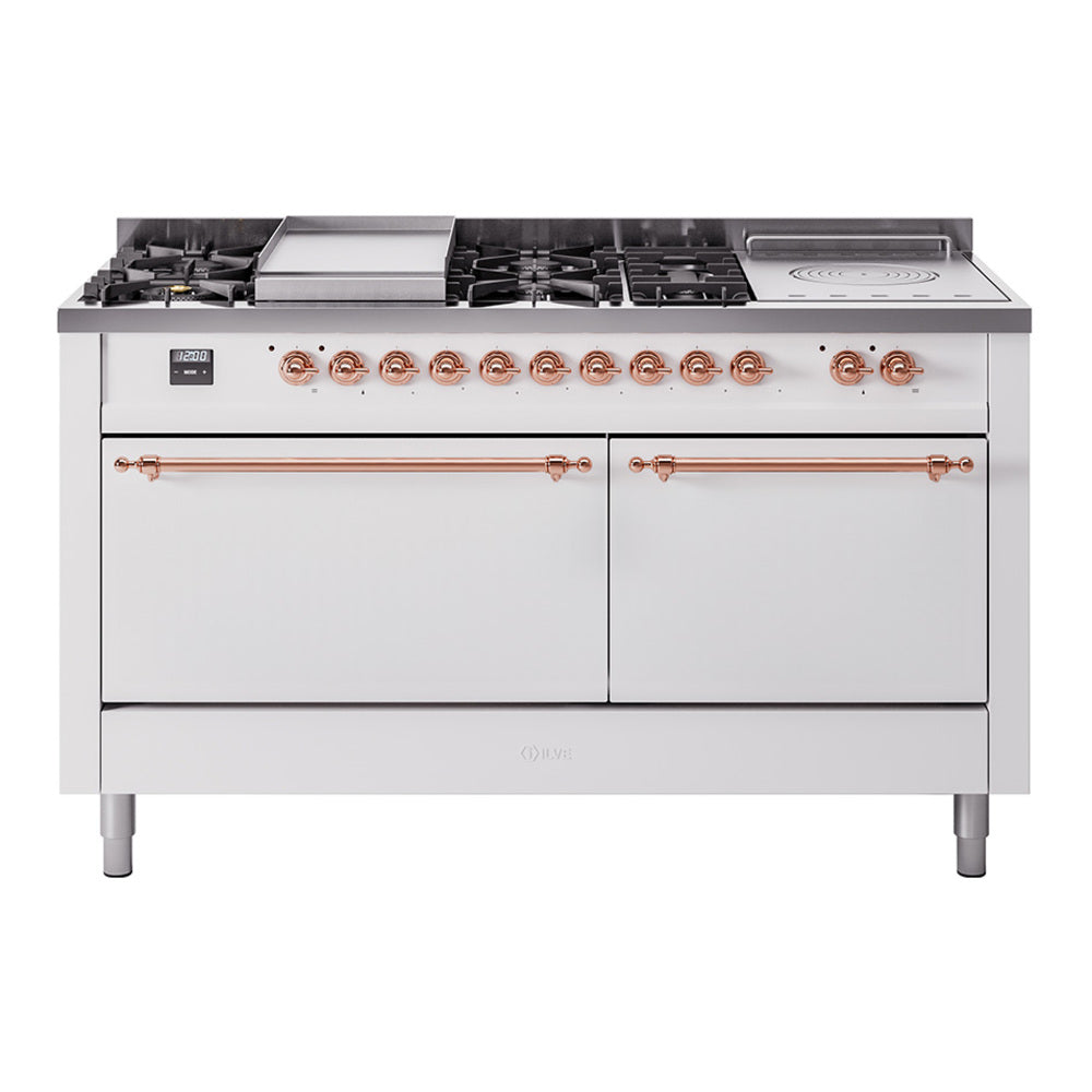 ILVE Nostalgie II 60-Inch Natural Gas Dual Fuel Range with 7 Burners, Griddle, & French Top with Solid Door Oven in White with Copper Trim (UP60FSQNMPWHP)