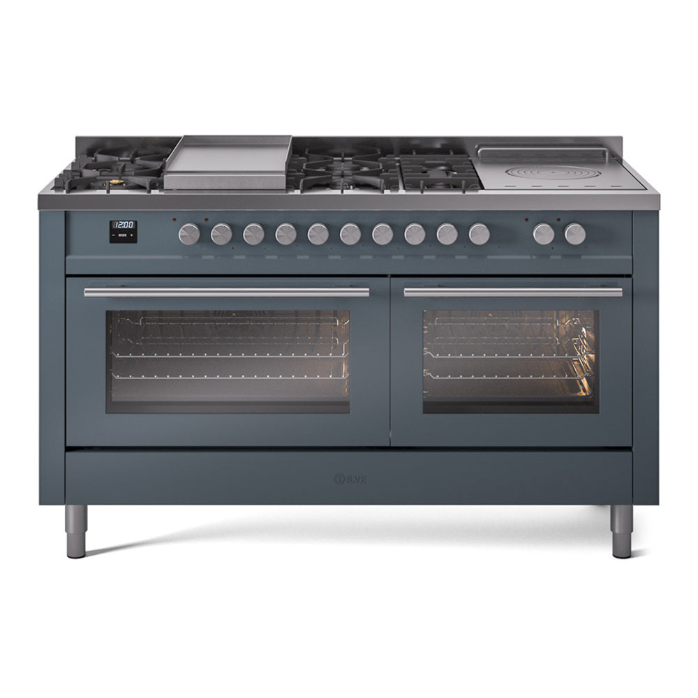 ILVE Professional Plus II 60-Inch Natural Gas Dual Fuel Range, 7 Burners, Griddle, French Top, Triple Glass Door, Blue Grey (UP60FSWMPBG)
