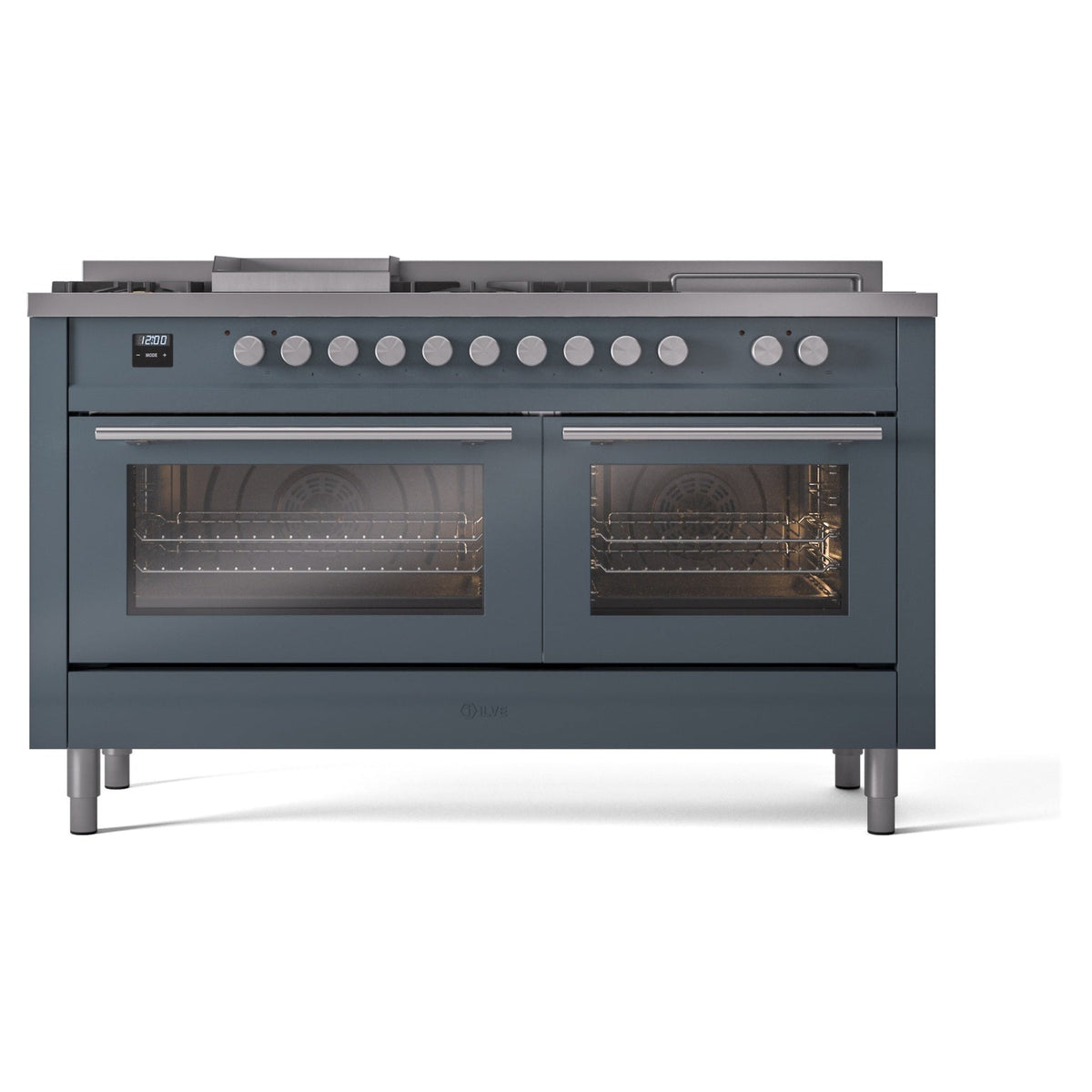 ILVE Professional Plus II 60-Inch Natural Gas Dual Fuel Range, 7 Burners, Griddle, French Top, Triple Glass Door, Blue Grey (UP60FSWMPBG)