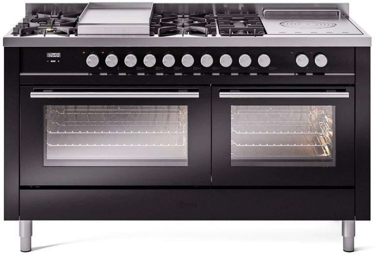 ILVE Professional Plus II 60-Inch Natural Gas Dual Fuel Range, 7 Burners, Griddle, French Top, Triple Glass Door, Glossy Black (UP60FSWMPBK)