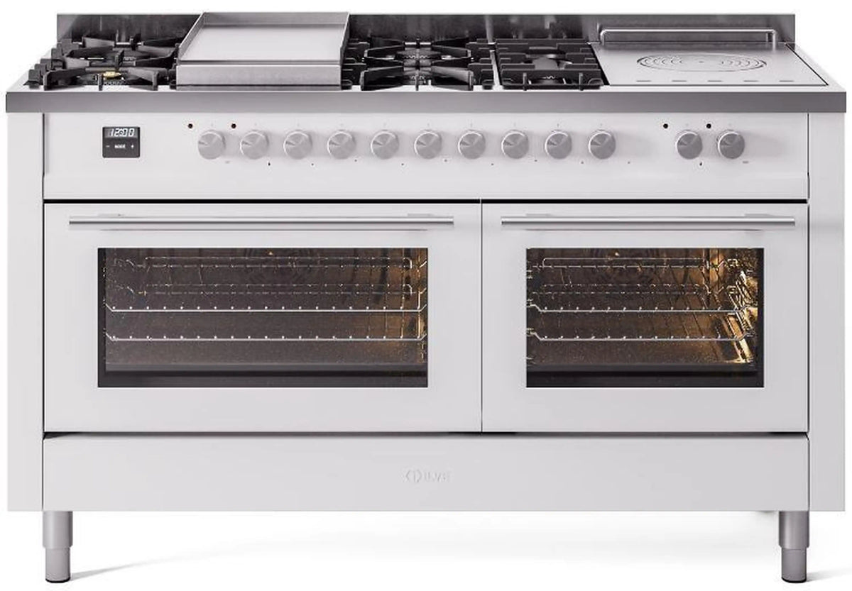 ILVE Professional Plus II 60-Inch Propane Gas Dual Fuel Range with 7 Burners, Griddle, & French Top with Triple Glass Door Oven in White (UP60FSWMPWHLP)
