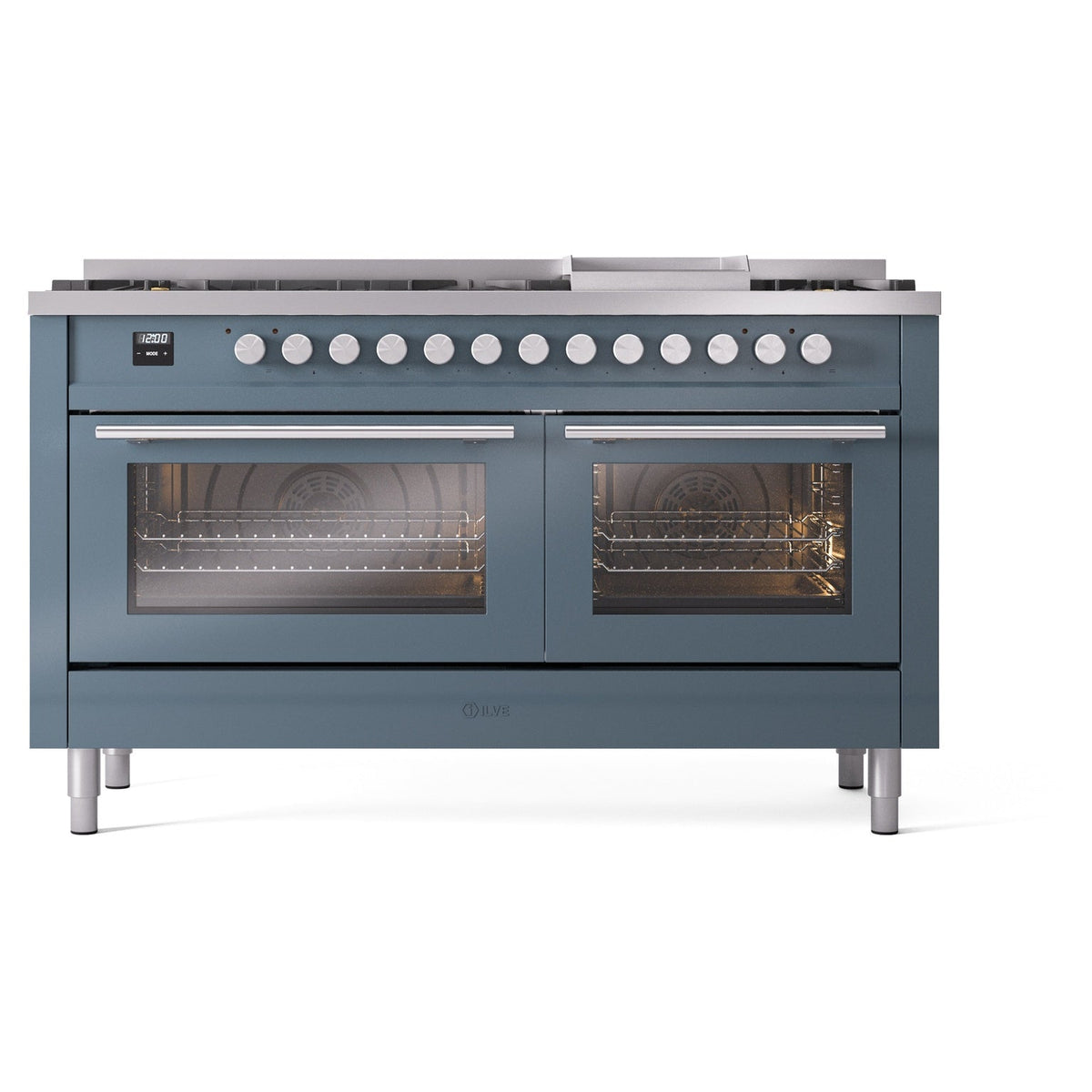 ILVE Professional Plus II 60-Inch Natural Gas Dual Fuel Range, 9 Burners, Griddle, Triple Glass Door Oven, Blue Grey (UP60FWMPBG)