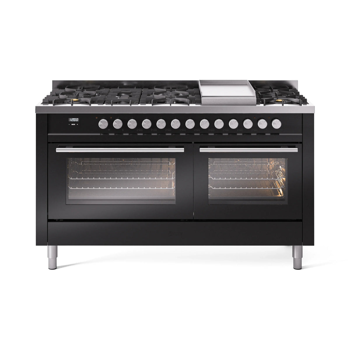 ILVE Professional Plus II 60-Inch Propane Dual Fuel Range, 9 Burners, Griddle, Triple Glass Door Oven, Glossy Black (UP60FWMPBKLP)