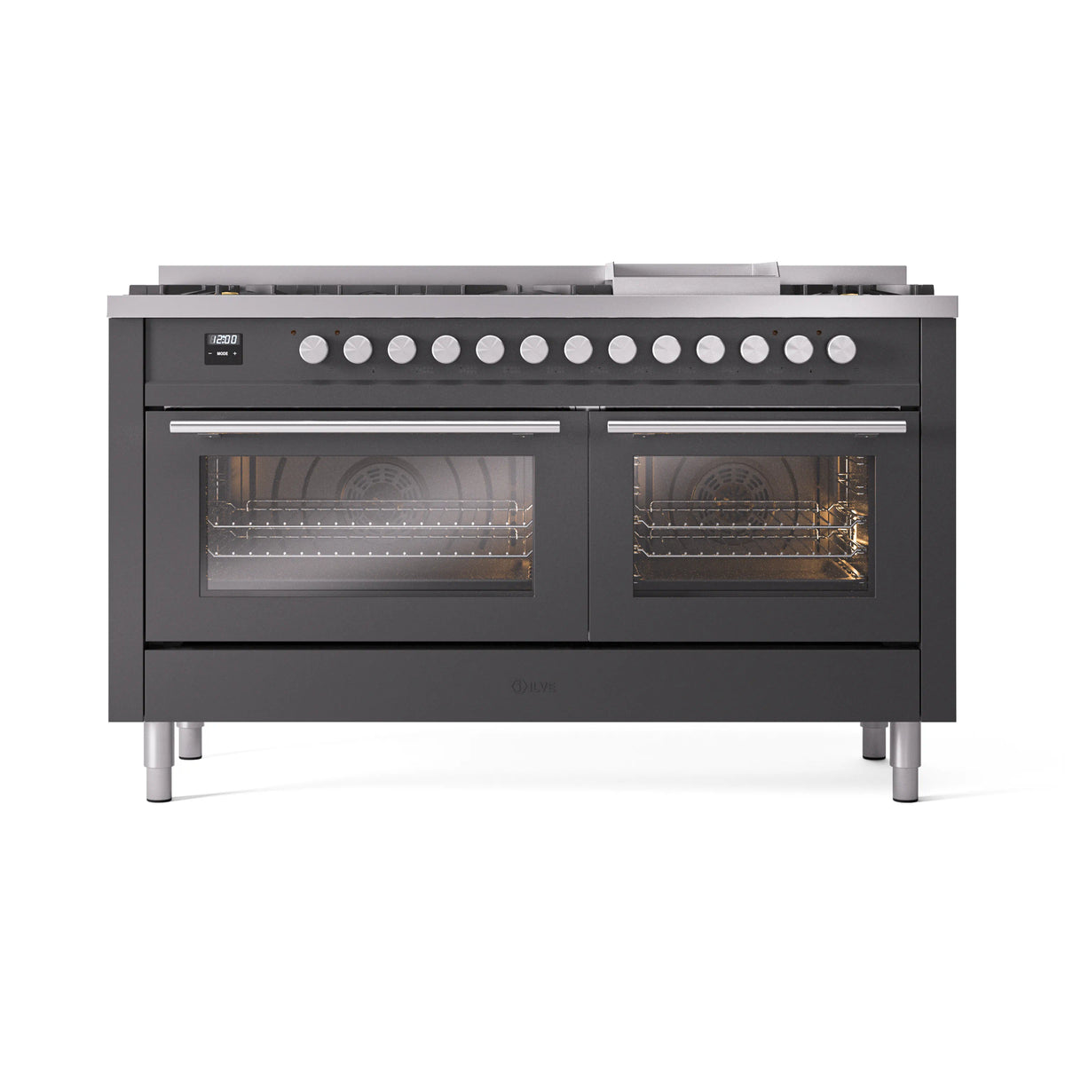 ILVE Professional Plus II 60-Inch Propane Dual Fuel Range, 9 Burners, Griddle, Triple Glass Door Oven, Matte Graphite (UP60FWMPMGLP)
