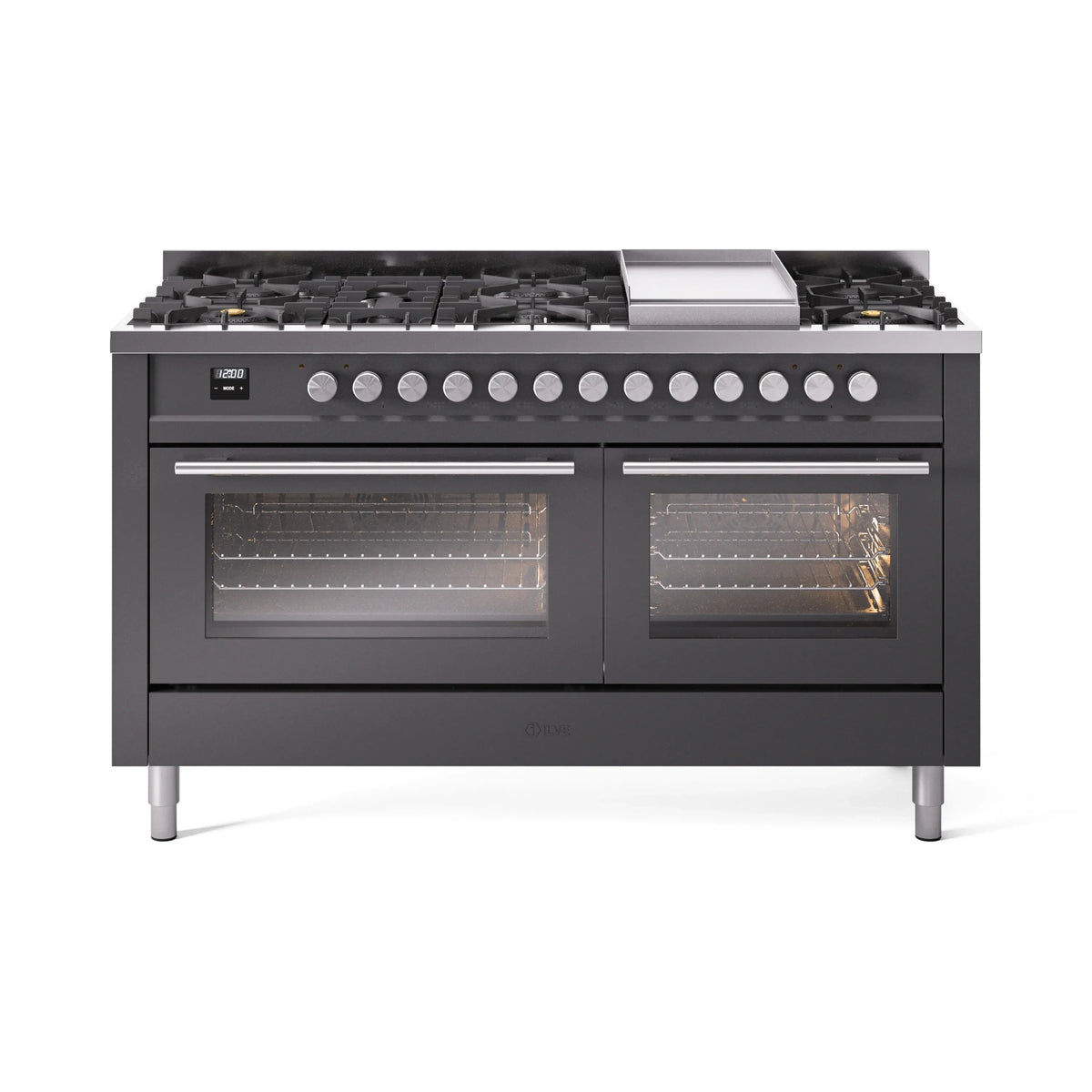 ILVE Professional Plus II 60-Inch Natural Gas Dual Fuel Range, 9 Burners, Griddle, Triple Glass Door Oven, Matte Graphite (UP60FWMPMG)